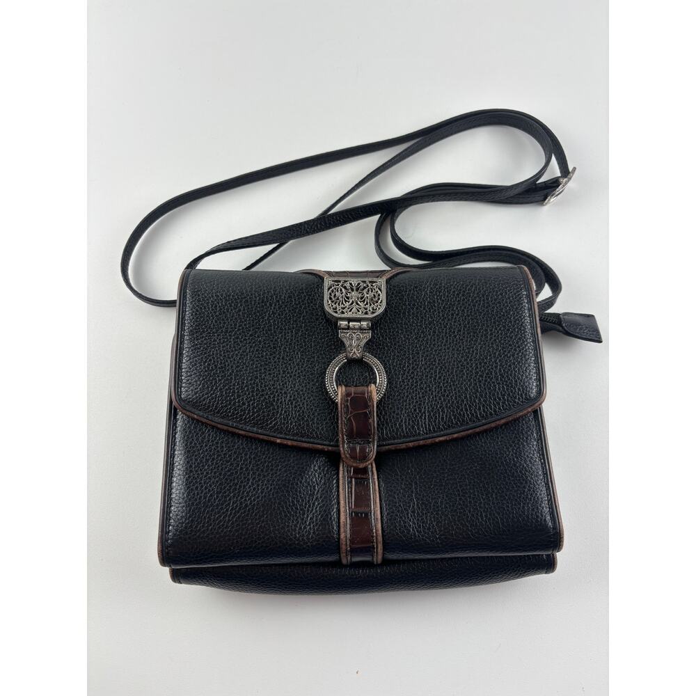 Brighton Nepal Organizer Crossbody Bag Black pebbled Leather Silver Hardware
